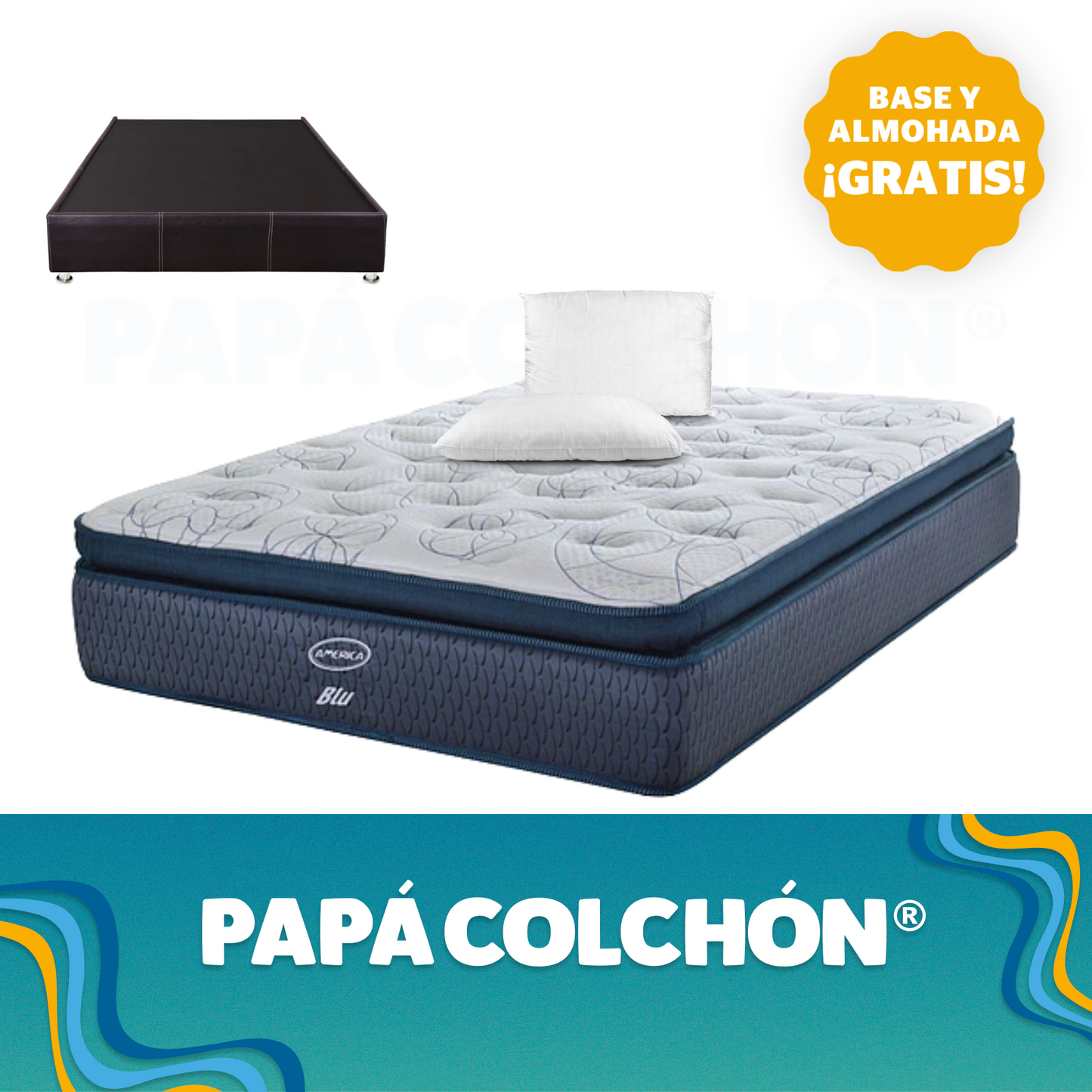 Colchón America Matrimonial Blu + Base y almohada ¡GRATIS!