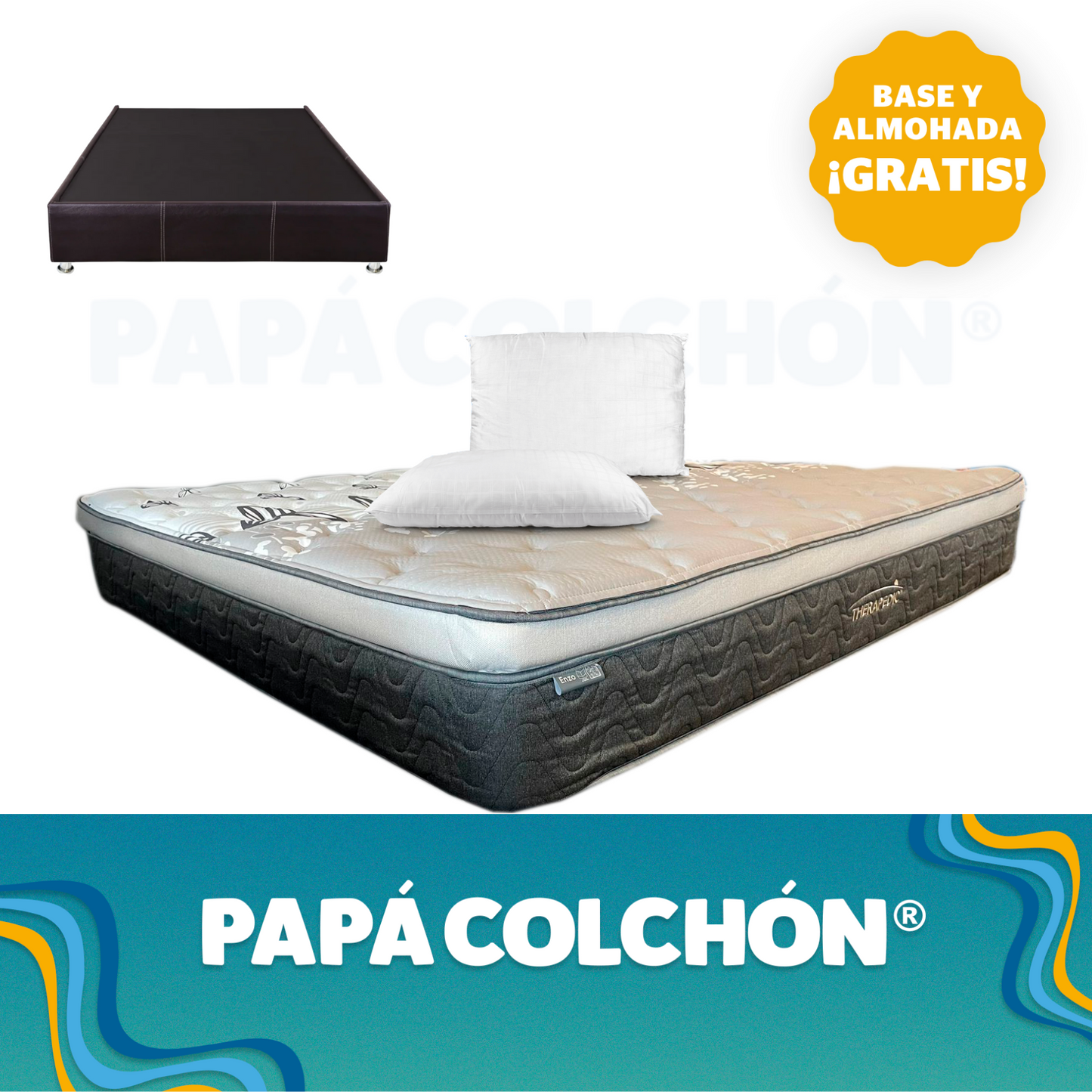 Colchón Queen Size Therapedic Enzo + Base y almohada ¡GRATIS!